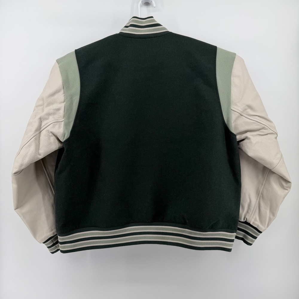 NWT Nike Destroyer Varsity Bomber Jacket Leather Green Cream $500 Retail Wmns L - Picture 3 of 16